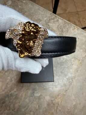 Versace Black Leather Belt with Gold Crystal Medusa Buckle